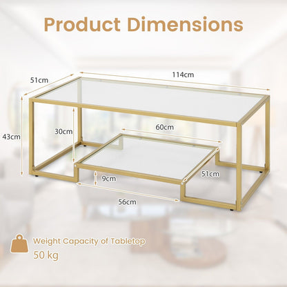 2-Tier Rectangle Tempered Glass Coffee Table with Steel Frame-Golden