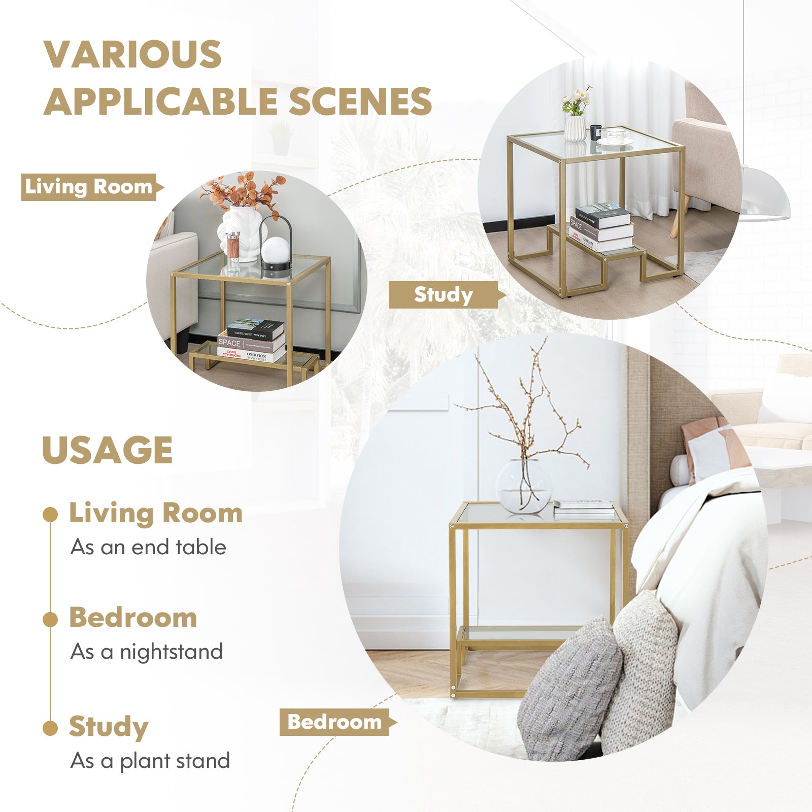 2-Tier Snack Table with Golden Metal Frame and Tempered Glass Tabletop