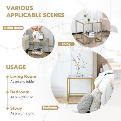 2-Tier Snack Table with Golden Metal Frame and Tempered Glass Tabletop