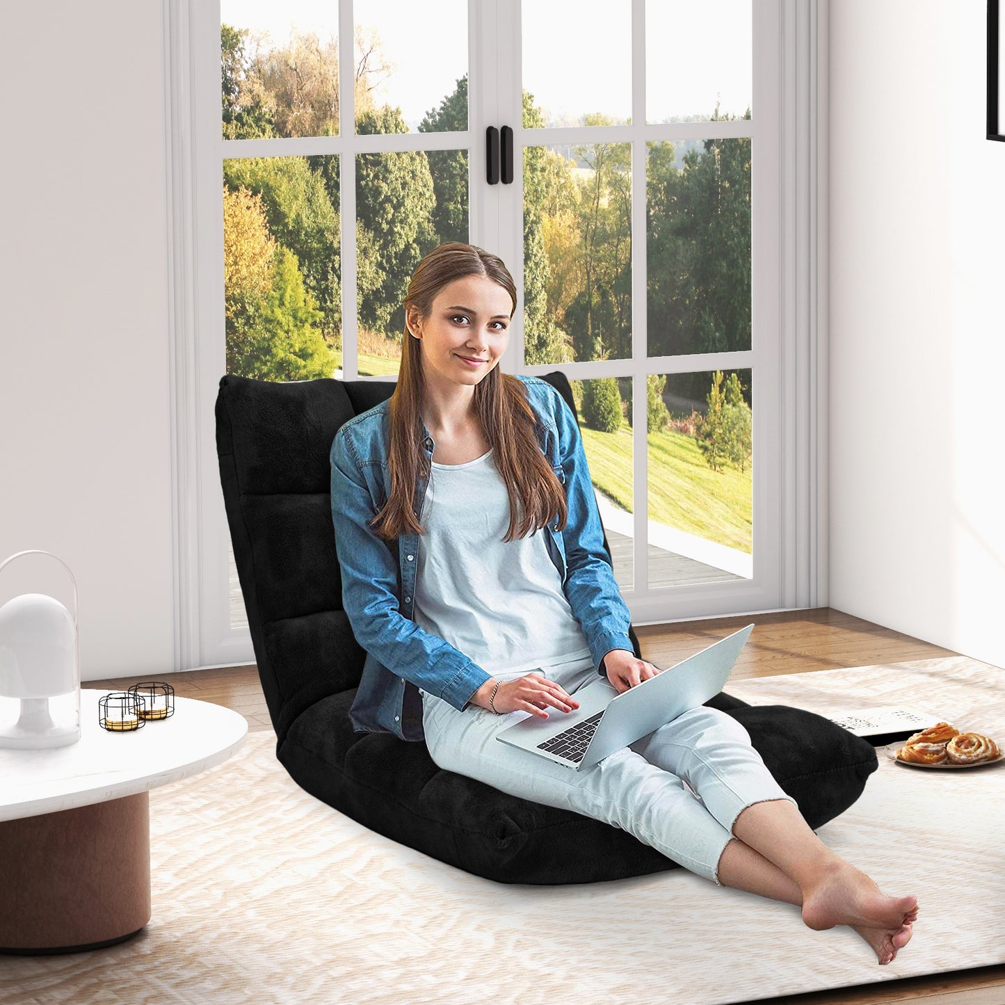 Coral Velvet Floor Gaming Chair with 14-Position Adjustable Back-Black