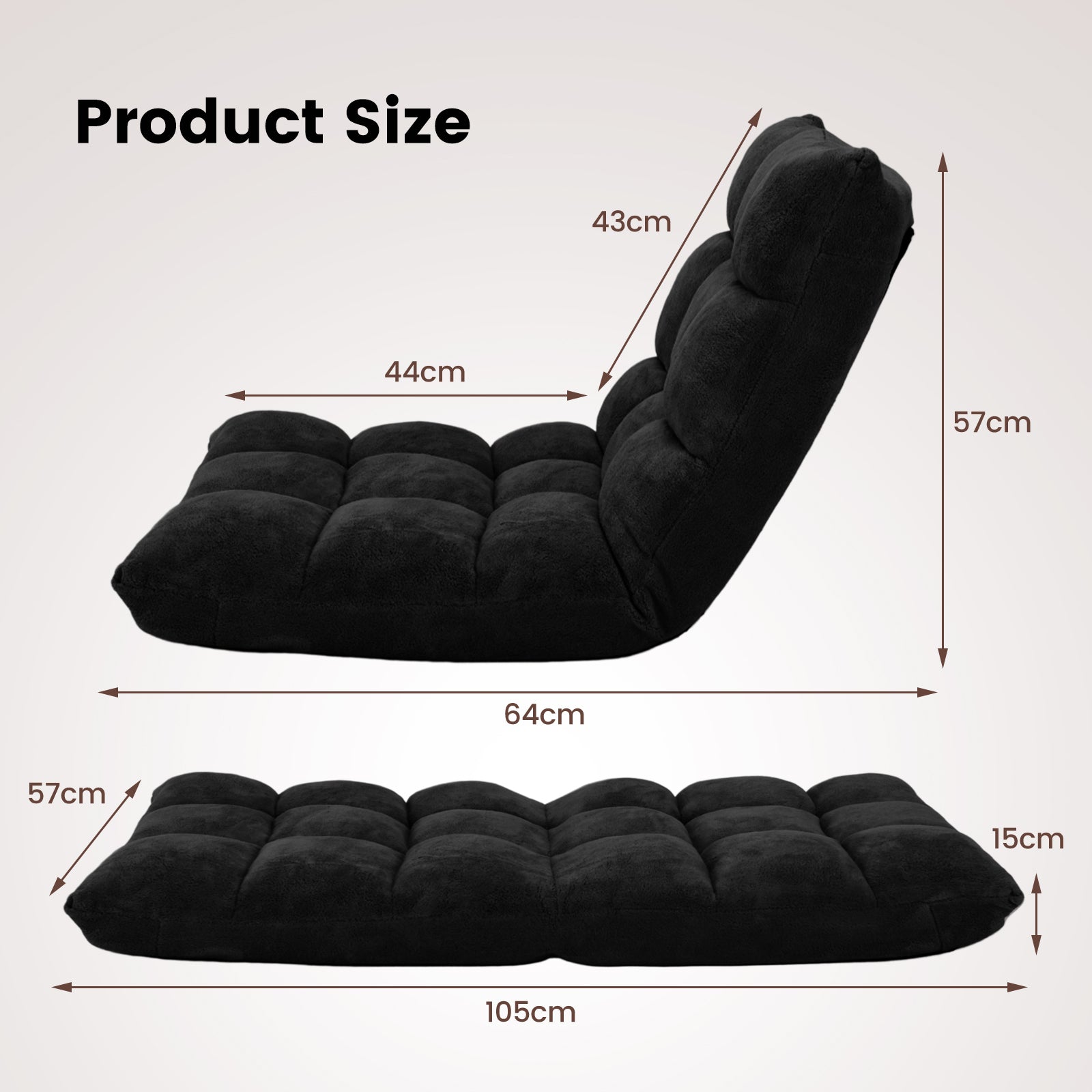 Coral Velvet Floor Gaming Chair with 14-Position Adjustable Back-Black