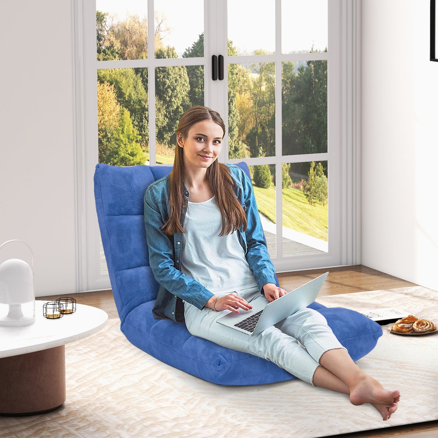 Coral Velvet Floor Gaming Chair with 14-Position Adjustable Back-Navy