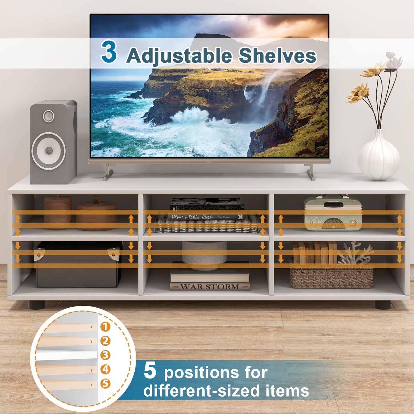 Entertainment Center TV Console Table for TVs up to 6 Cubes-White