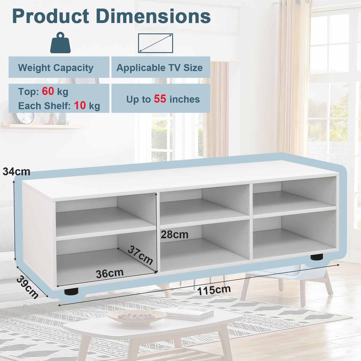 Entertainment Center TV Console Table for TVs up to 6 Cubes-White
