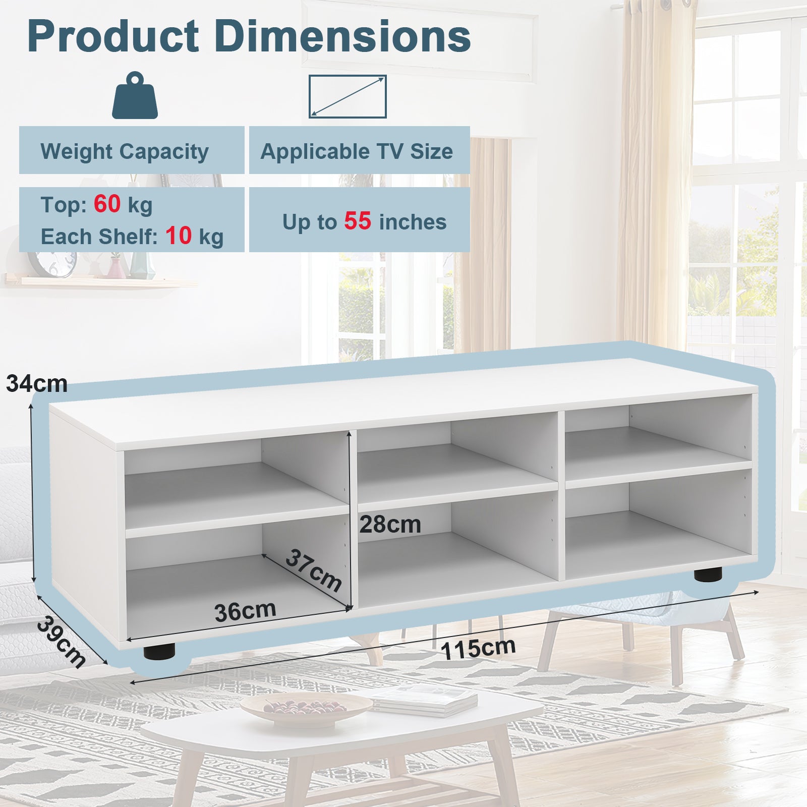 Entertainment Center TV Console Table for TVs up to 6 Cubes-White