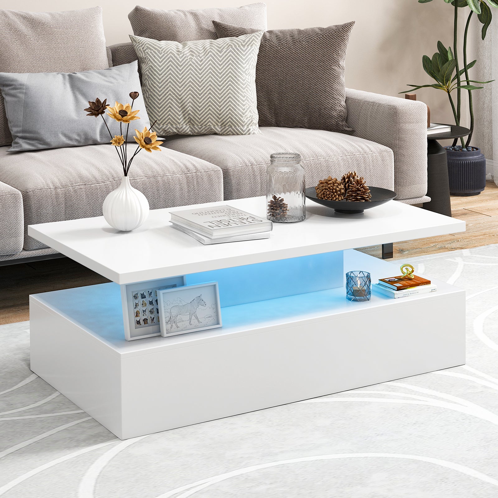 Modern 2-tier High Glossy Black Coffee Table with Adjustable Light Colors-White