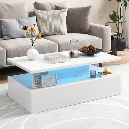 Modern 2-tier High Glossy Black Coffee Table with Adjustable Light Colors-White