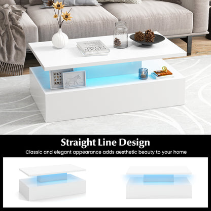 Modern 2-tier High Glossy Black Coffee Table with Adjustable Light Colors-White
