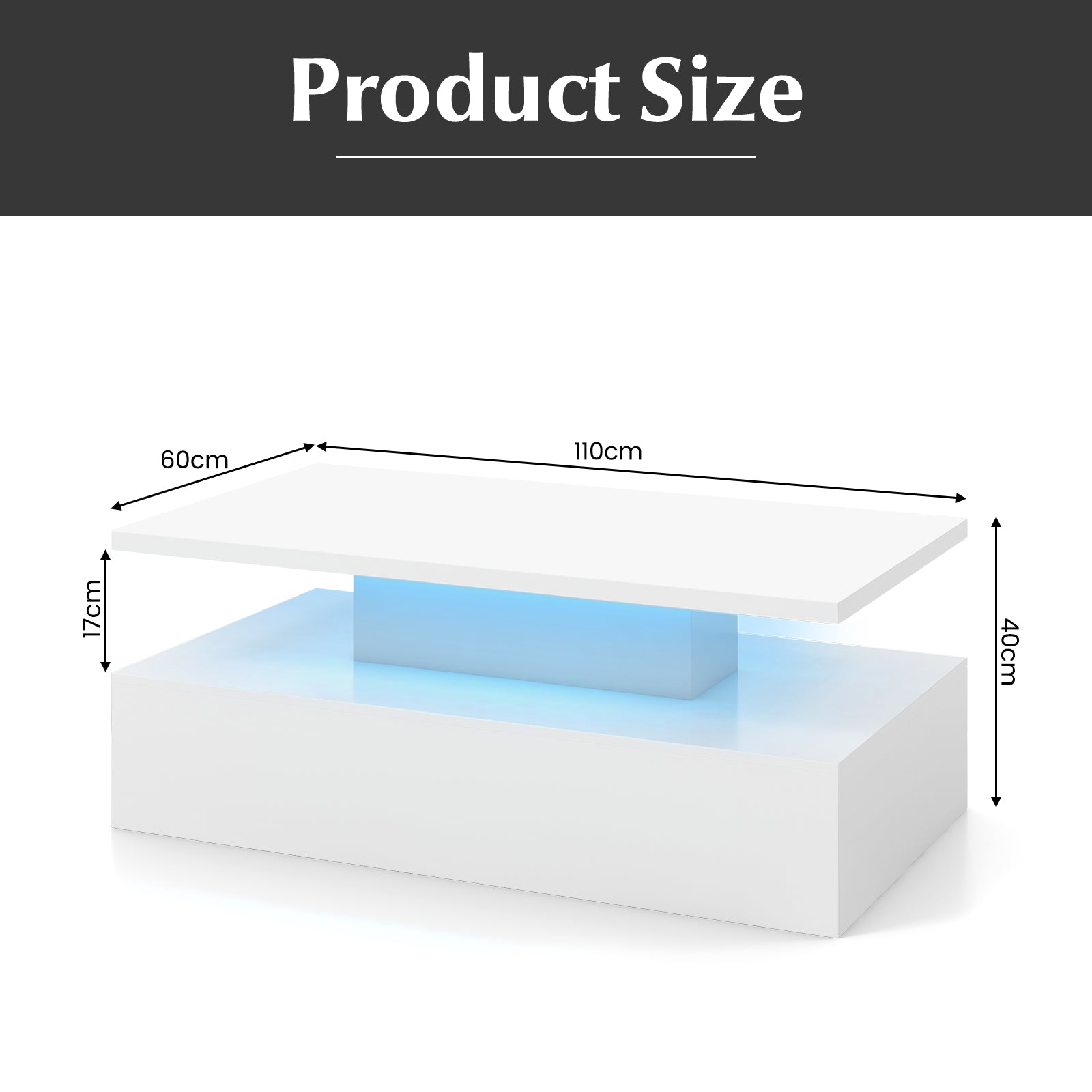 Modern 2-tier High Glossy Black Coffee Table with Adjustable Light Colors-White