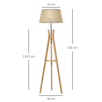 HOMCOM Tripod Floor Lamp Light E27 Base Bedroom Living Room Natural Wood Fabric Shade Storage Shelf Foot Switch, 156cm, Beige
