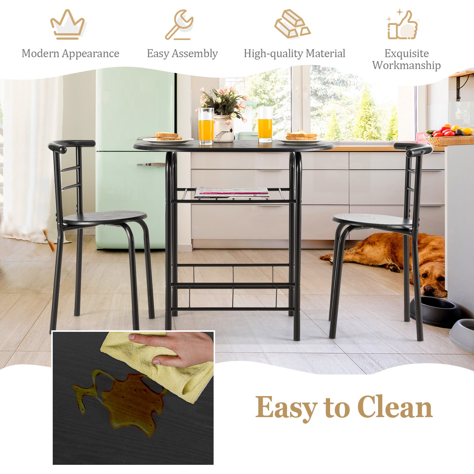 3 Pieces Compact Dining Set with Storage Shelf for Kitchen Bars-Black