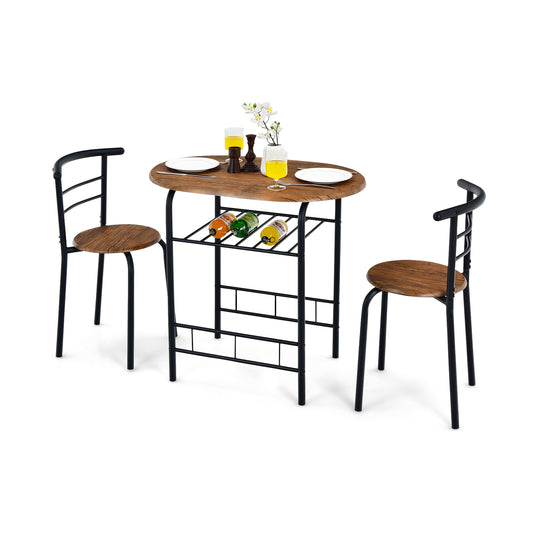 3 Pieces Compact Dining Set with Storage Shelf for Kitchen Bars-Black &amp;amp; Brown