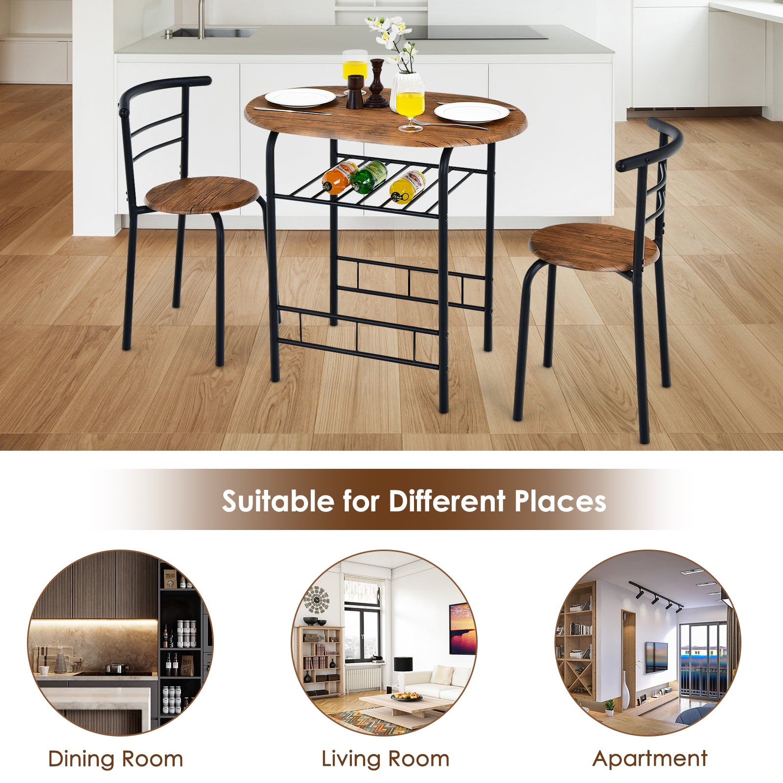 3 Pieces Compact Dining Set with Storage Shelf for Kitchen Bars-Black &amp;amp; Brown