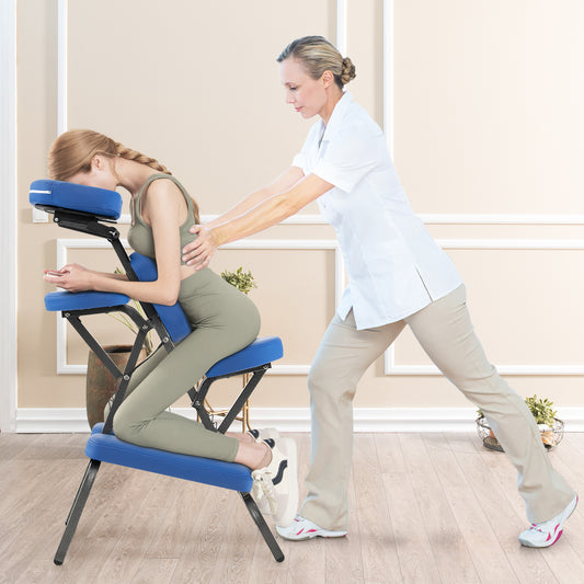 Folding Height Adjustable Massage Chair with Thickened Sponge and Carrying Bag-Blue