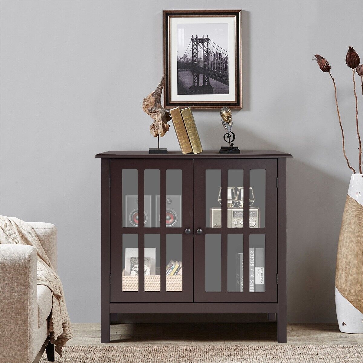 Modern Wooden Storage Cabinet with 2 Tempered Glass Doors-Brown