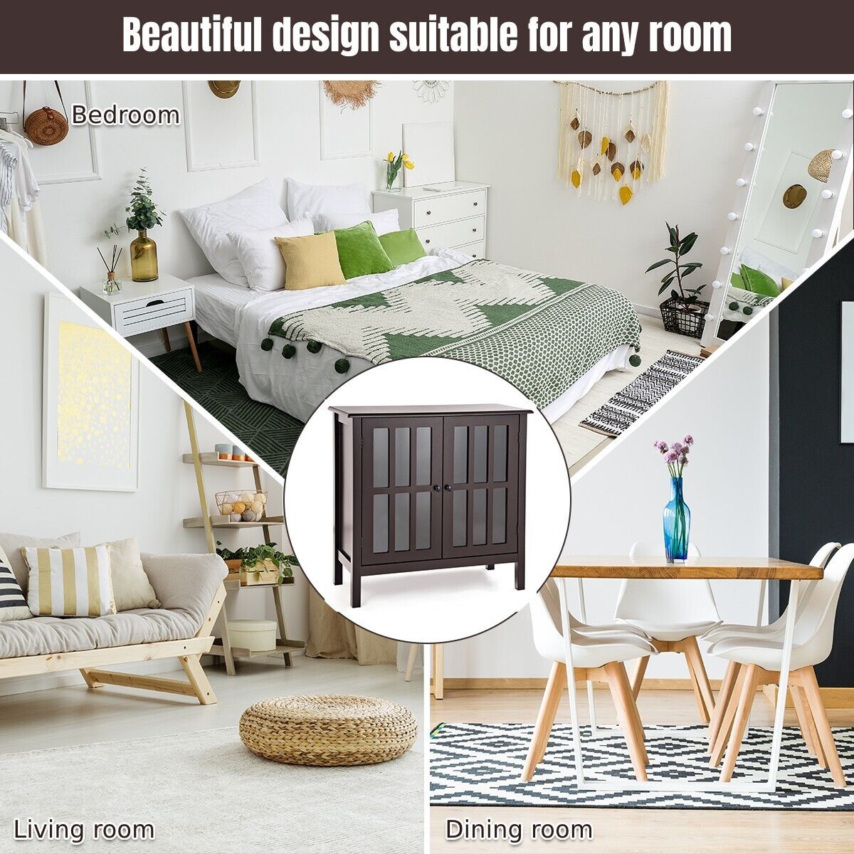 Modern Wooden Storage Cabinet with 2 Tempered Glass Doors-Brown