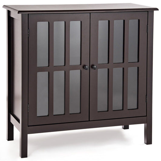 Modern Wooden Storage Cabinet with 2 Tempered Glass Doors-Brown