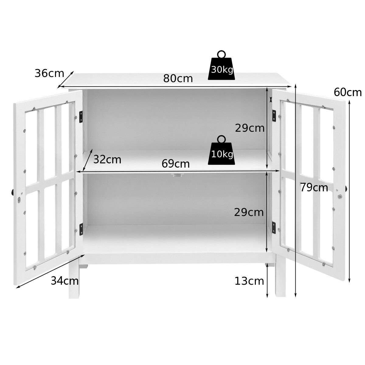 Modern Wooden Storage Cabinet with 2 Tempered Glass Doors-White