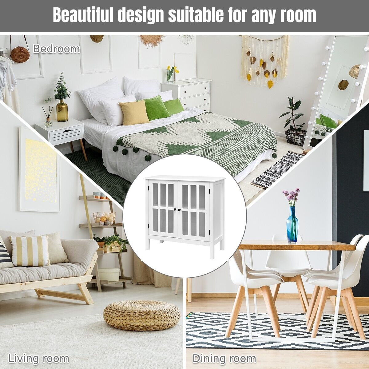 Modern Wooden Storage Cabinet with 2 Tempered Glass Doors-White