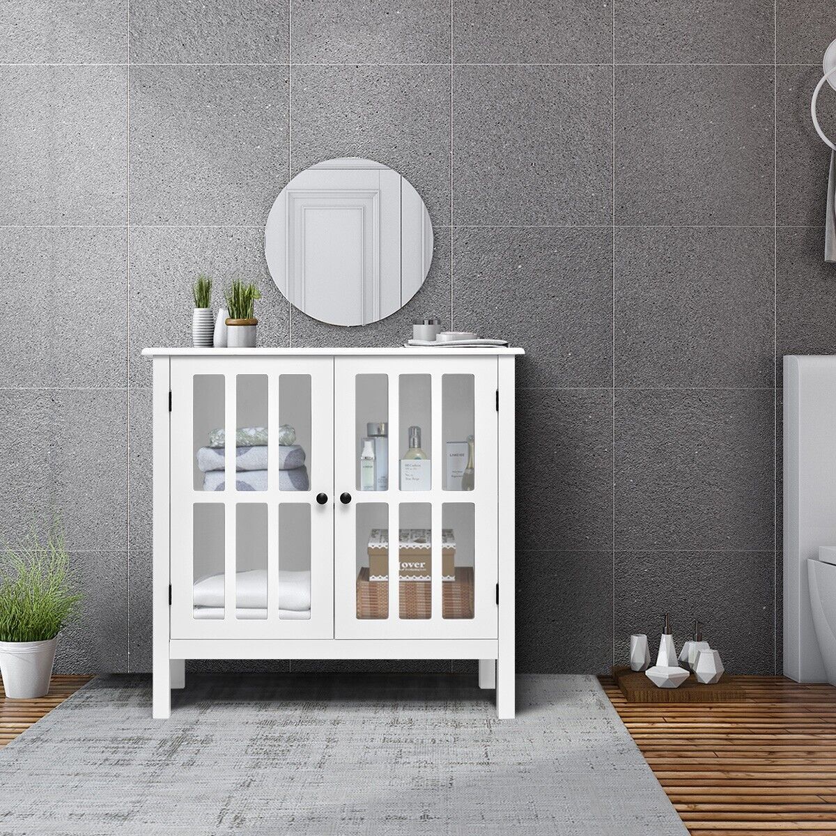 Modern Wooden Storage Cabinet with 2 Tempered Glass Doors-White