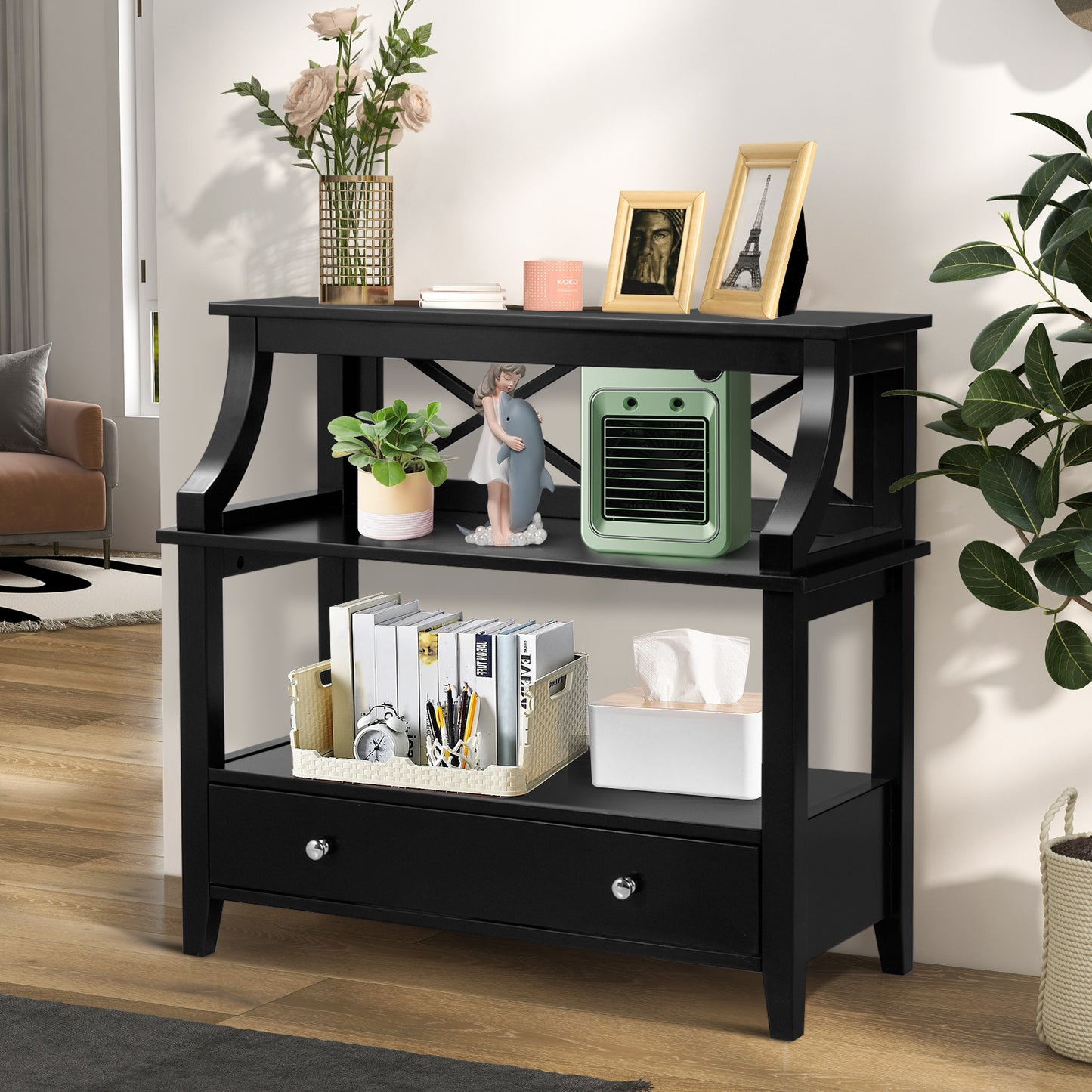 3 Tier Console Table with a Large Drawer for Living Room-Black