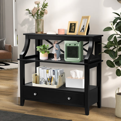 3 Tier Console Table with a Large Drawer for Living Room-Black