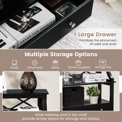 3 Tier Console Table with a Large Drawer for Living Room-Black