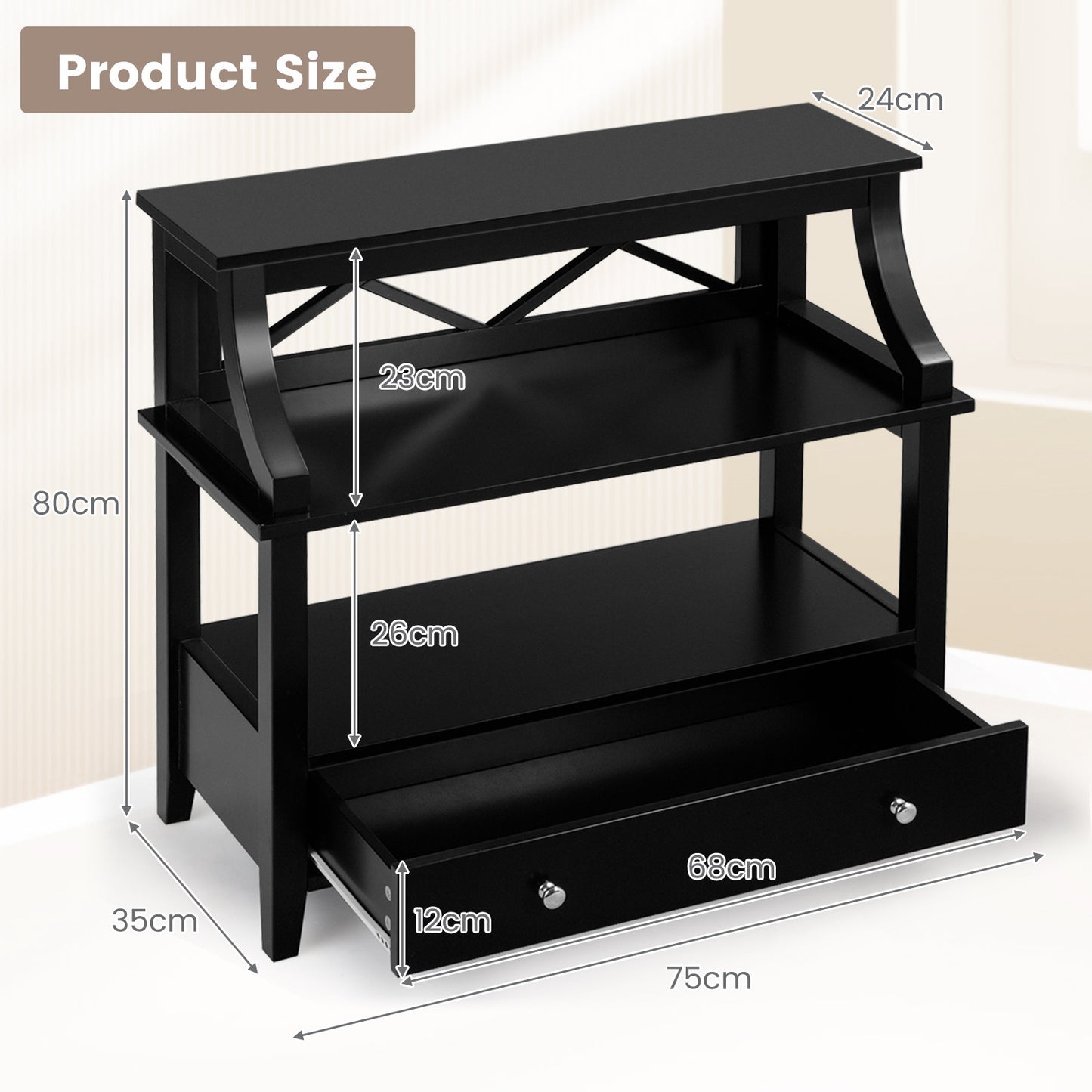 3 Tier Console Table with a Large Drawer for Living Room-Black