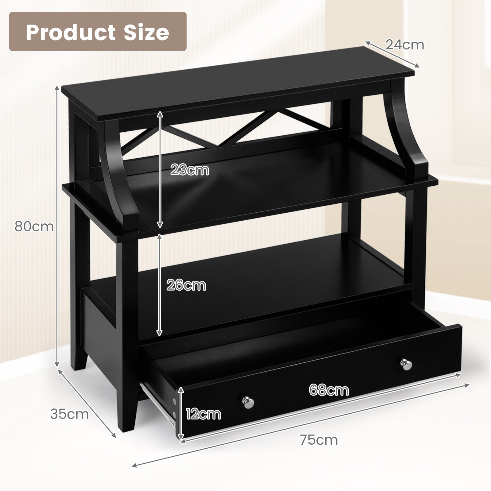 3 Tier Console Table with a Large Drawer for Living Room-Black