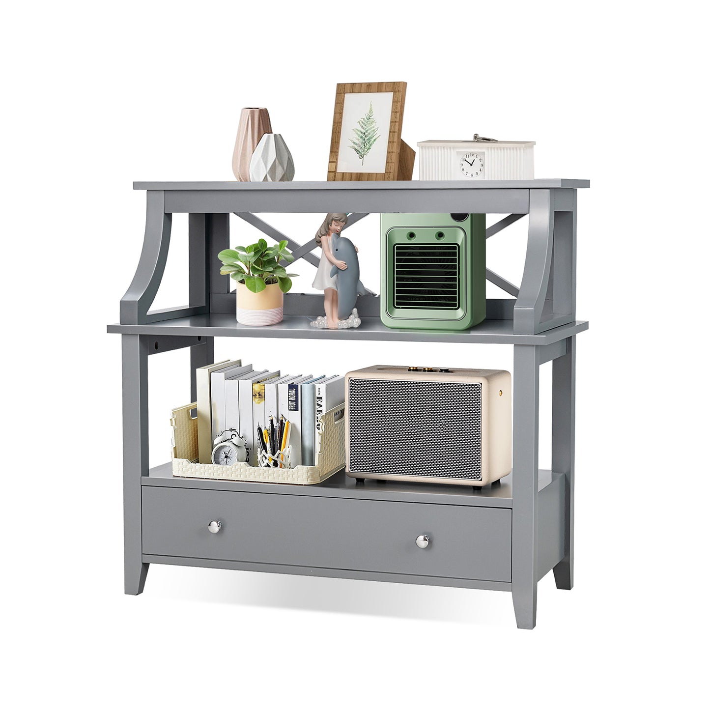 3-Tier X-Shaped Console Table with Drawer and Open Storage Shelves-Grey