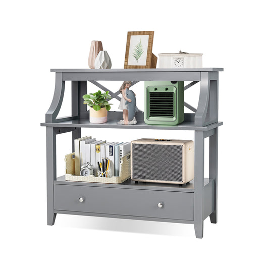3-Tier X-Shaped Console Table with Drawer and Open Storage Shelves-Grey