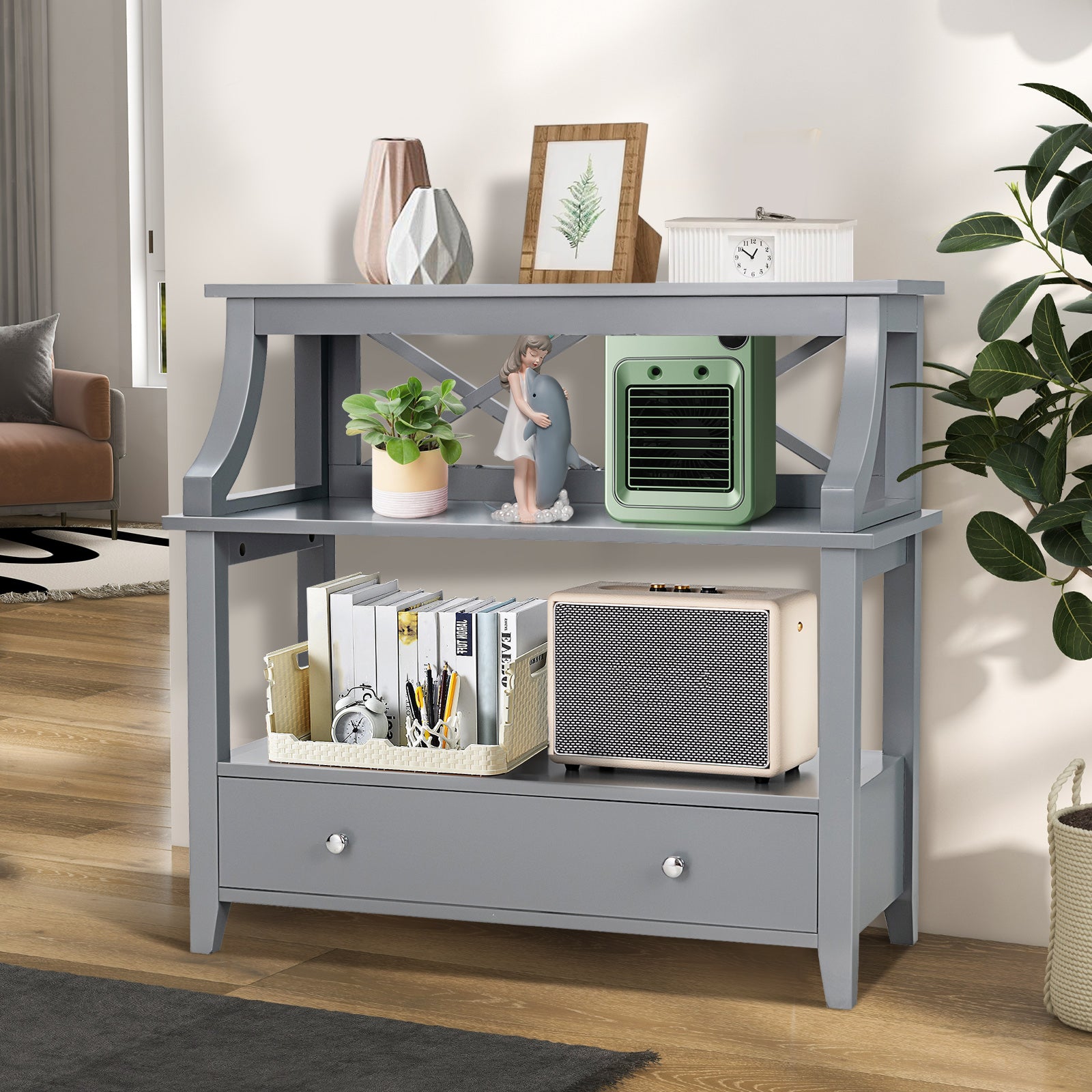 3-Tier X-Shaped Console Table with Drawer and Open Storage Shelves-Grey