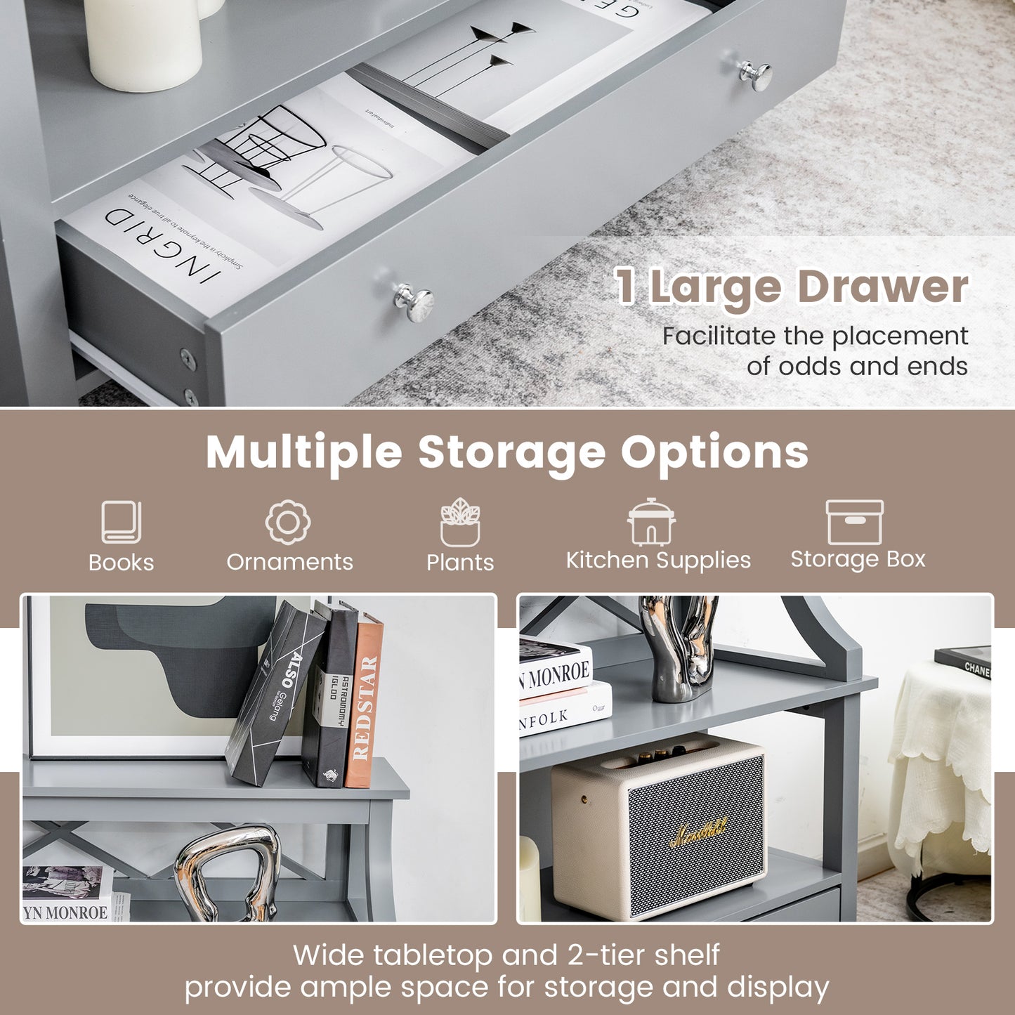 3-Tier X-Shaped Console Table with Drawer and Open Storage Shelves-Grey