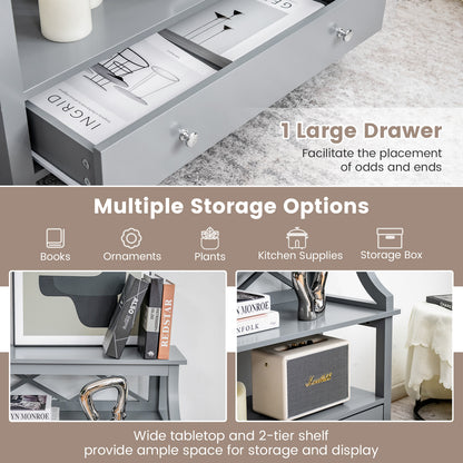 3-Tier X-Shaped Console Table with Drawer and Open Storage Shelves-Grey