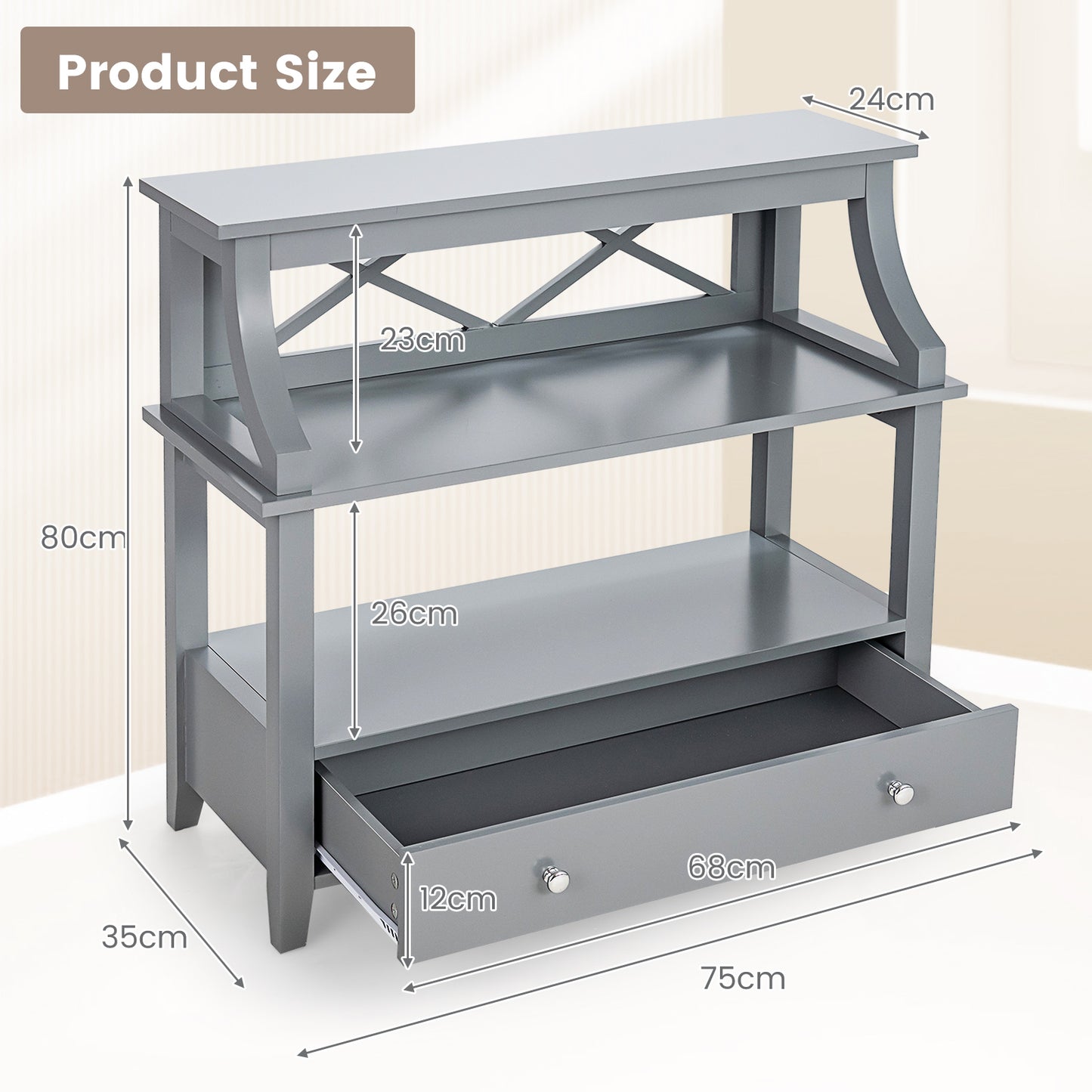 3-Tier X-Shaped Console Table with Drawer and Open Storage Shelves-Grey