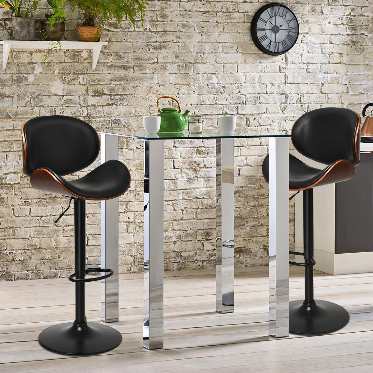 Set of 2 PU Leather Adjustable Bar Stools for Kitchen