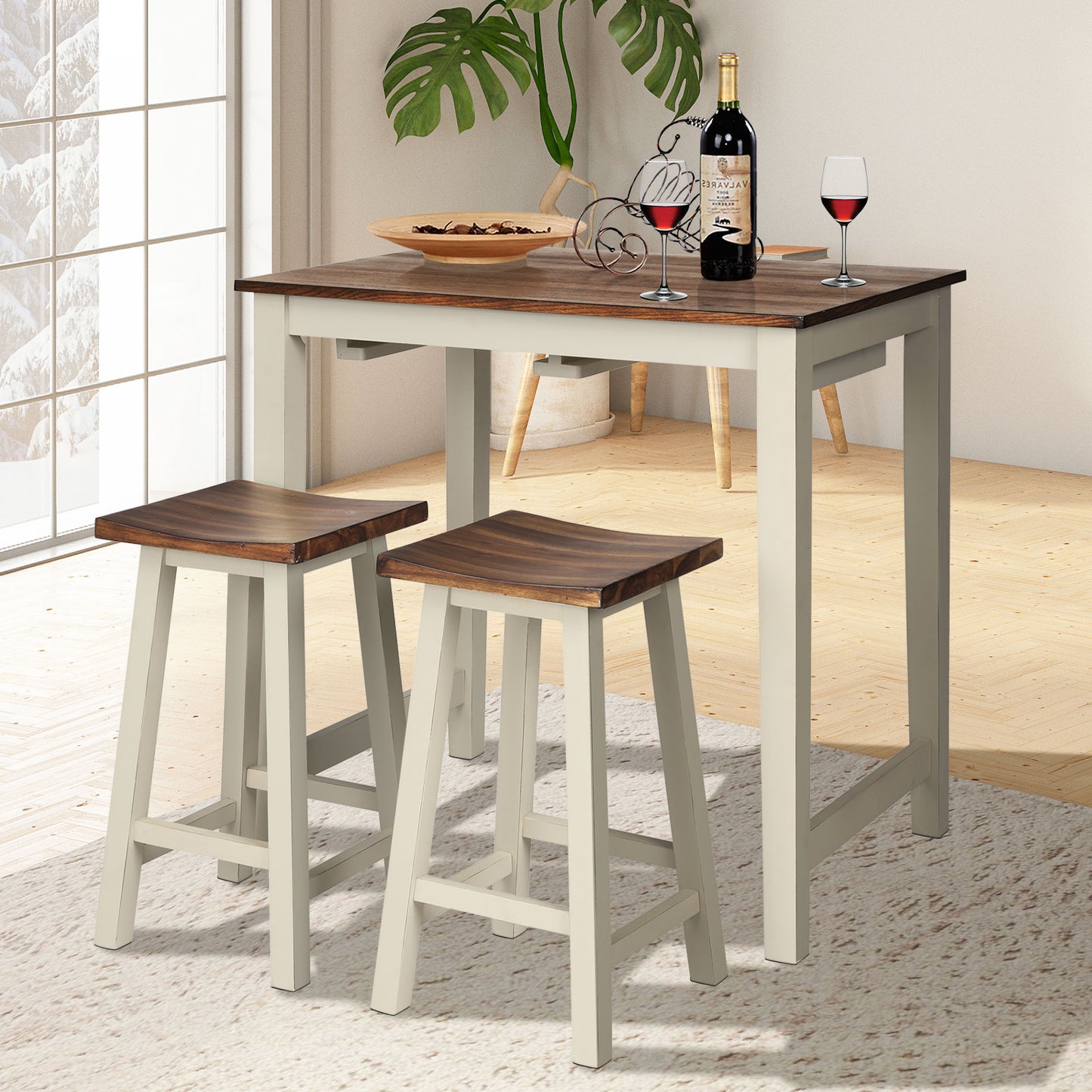 Rustic Style Wood Pub Table and Saddle Stool Set