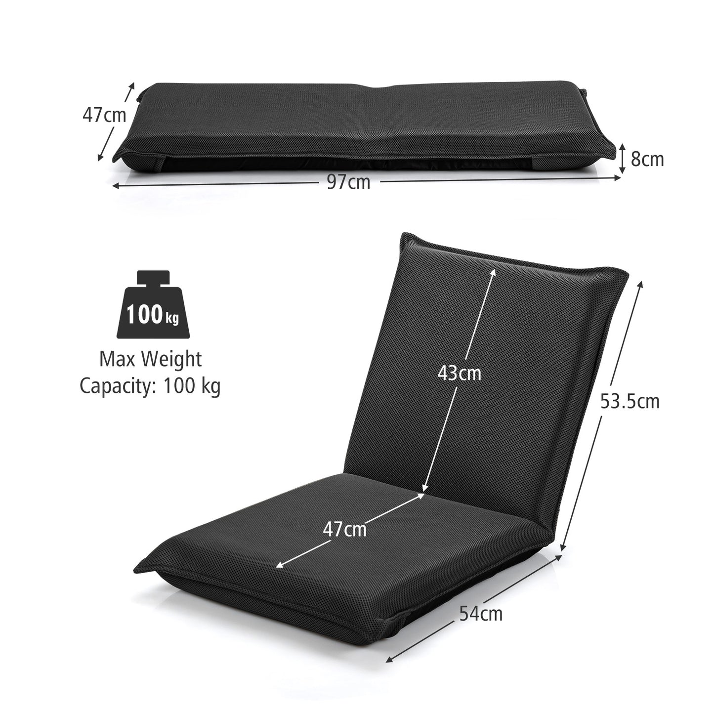 Folding Floor Chair with Reclining Function and 6 Adjustable Positions-Black