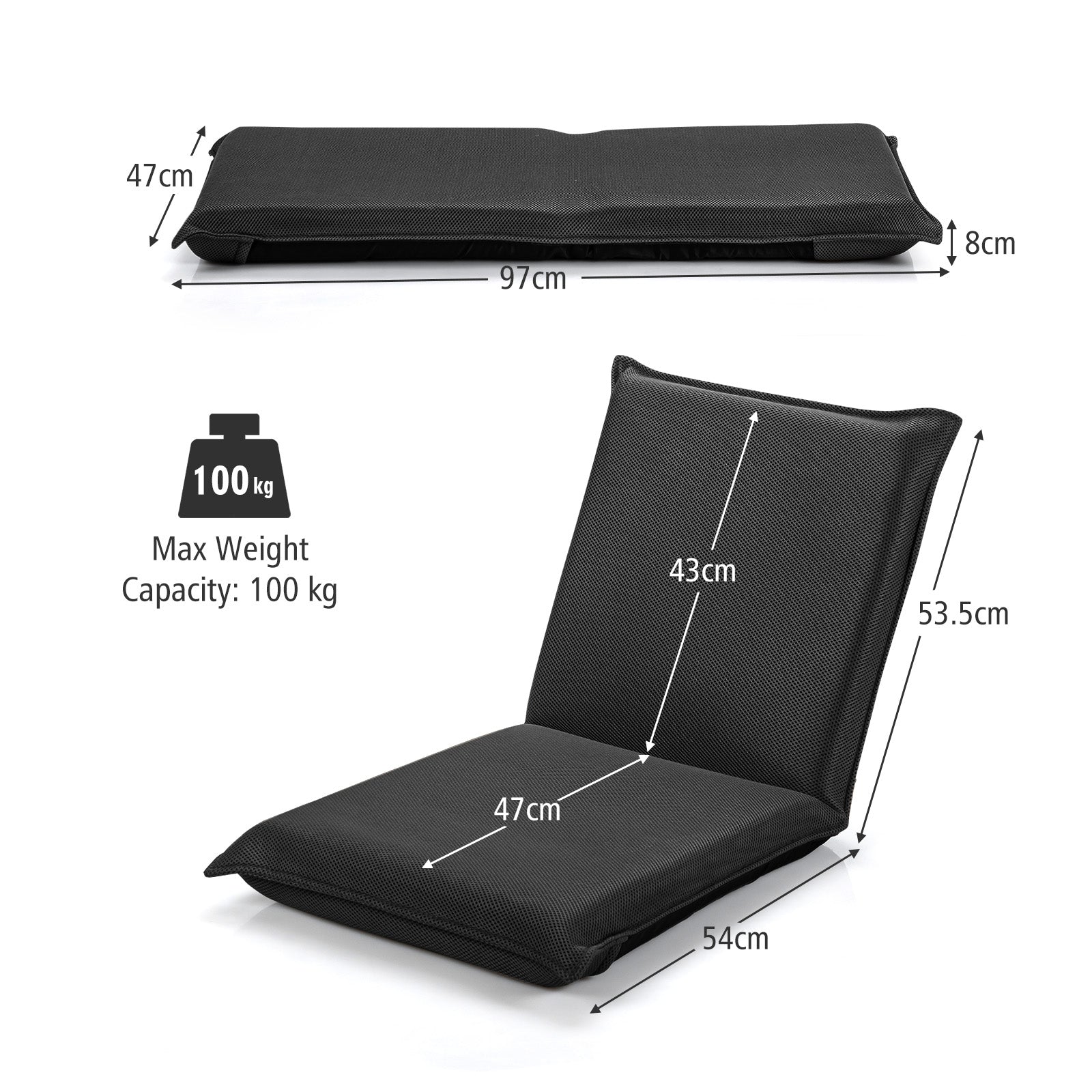 Folding Floor Chair with Reclining Function and 6 Adjustable Positions-Black