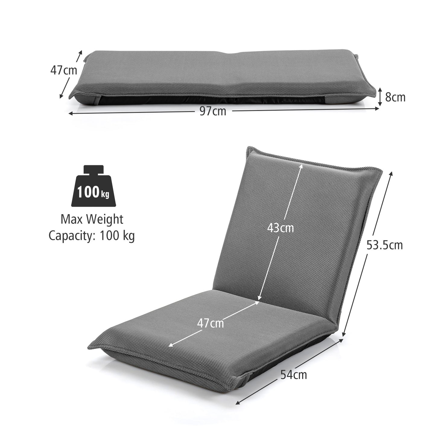 Folding Floor Chair with Reclining Function and 6 Adjustable Positions-Grey