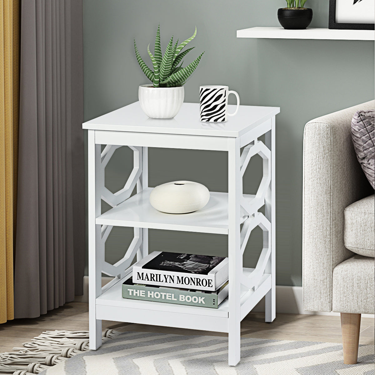 3-Tier Bedside Table with Storage Shelves for Living Room Bedroom-White