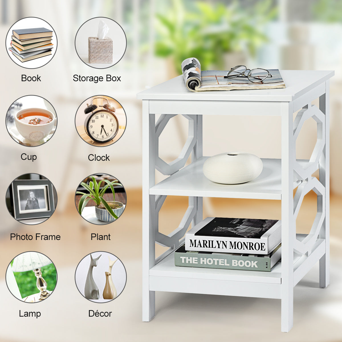 3-Tier Bedside Table with Storage Shelves for Living Room Bedroom-White