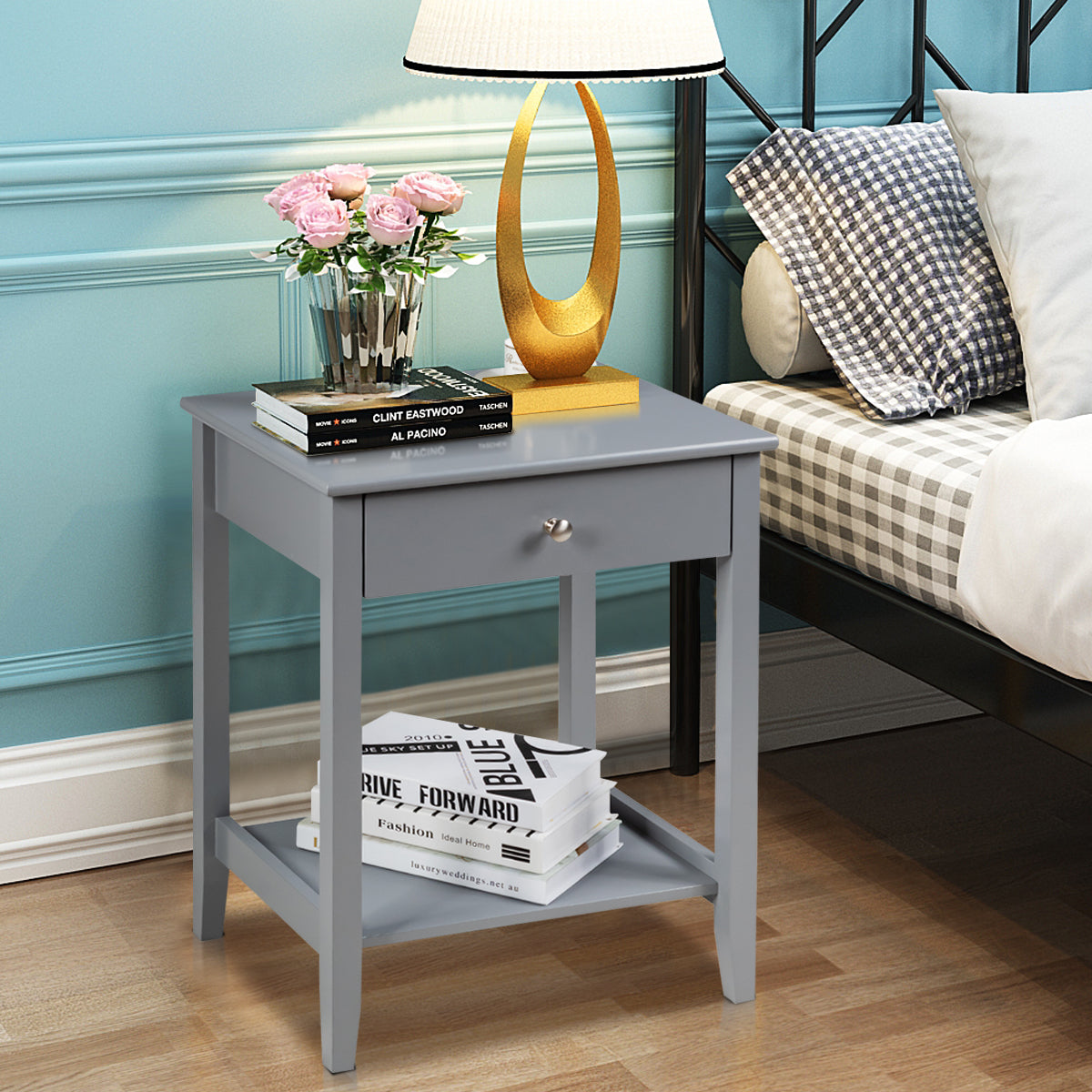Set of 2 Bedside Couch Sofa Table with Sliding Drawer-Grey