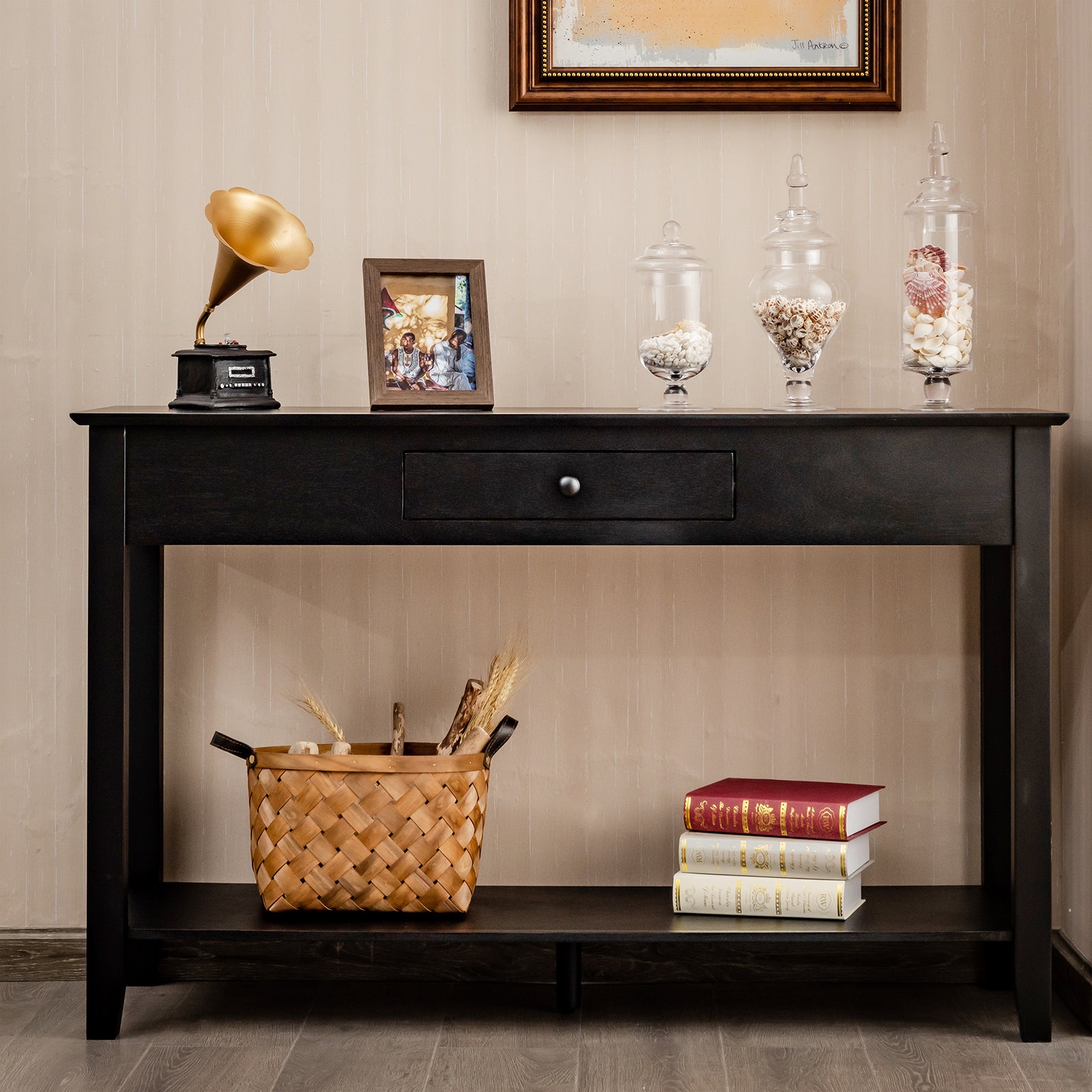 2-Tier Wooden Console Table with Drawer-Black