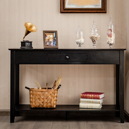 2-Tier Wooden Console Table with Drawer-Black