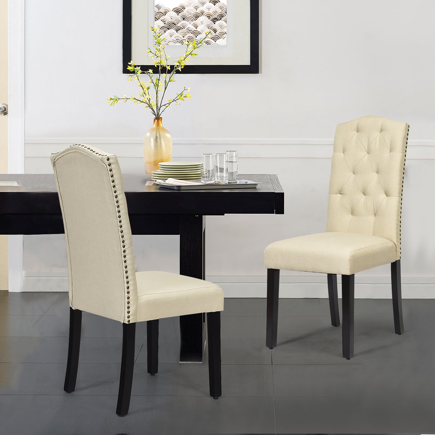 Set of 2 Dining Chairs with Ergonomic High Backrest-Beige
