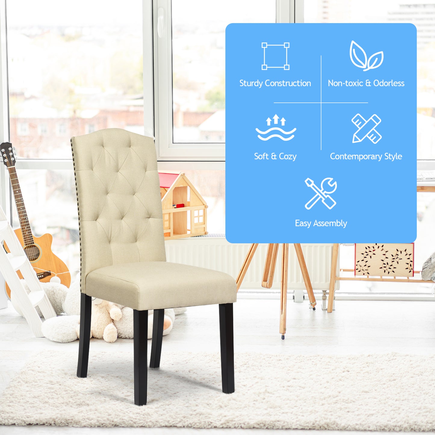 Set of 2 Dining Chairs with Ergonomic High Backrest-Beige