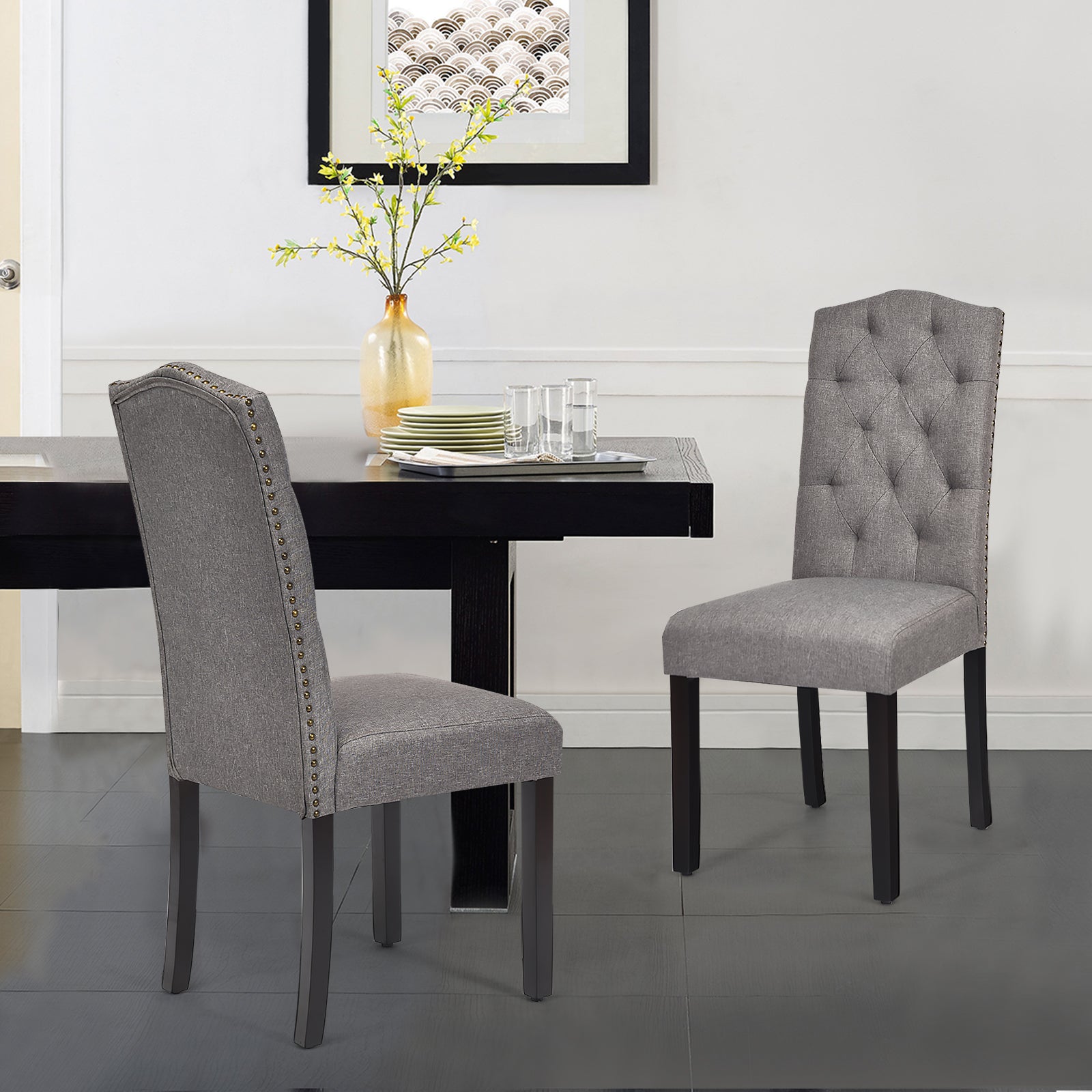 Set of 2 Dining Chairs with Ergonomic High Backrest-Grey