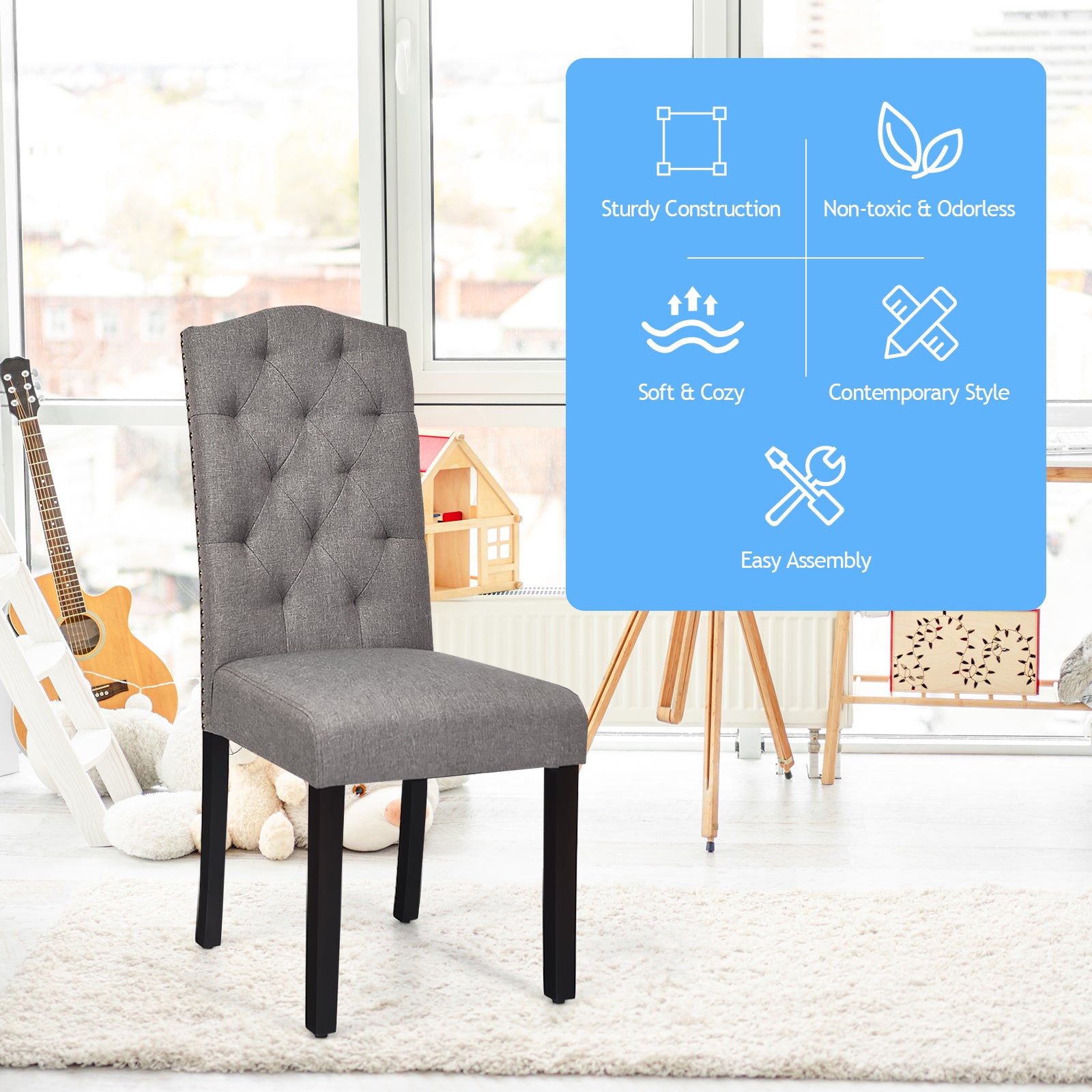 Set of 2 Dining Chairs with Ergonomic High Backrest-Grey