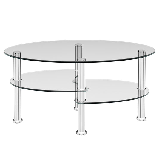 3-Tiers Tempered Glass Coffee Tables with 2 Shelves-Transparent